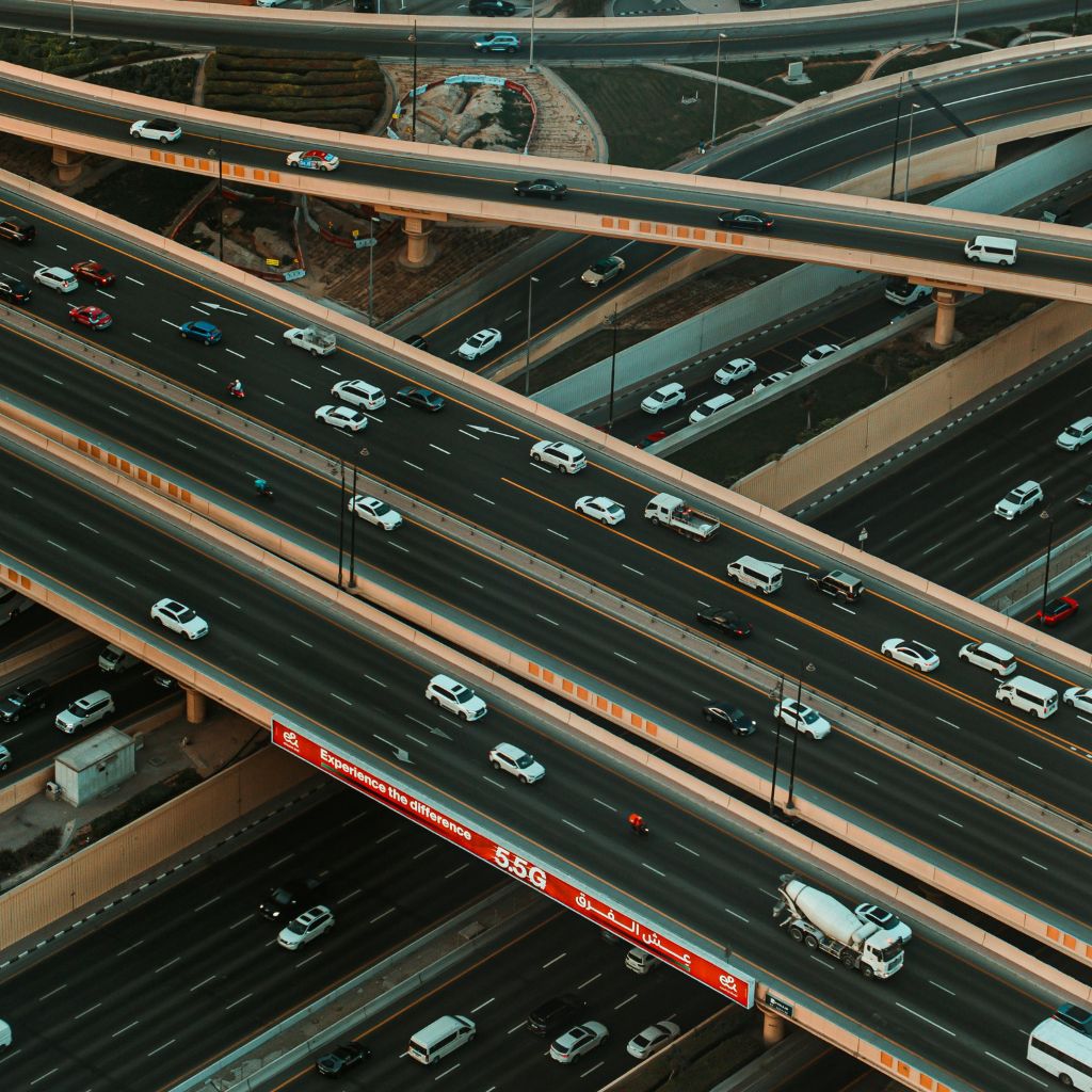 Busy highway traffic representing Transportation