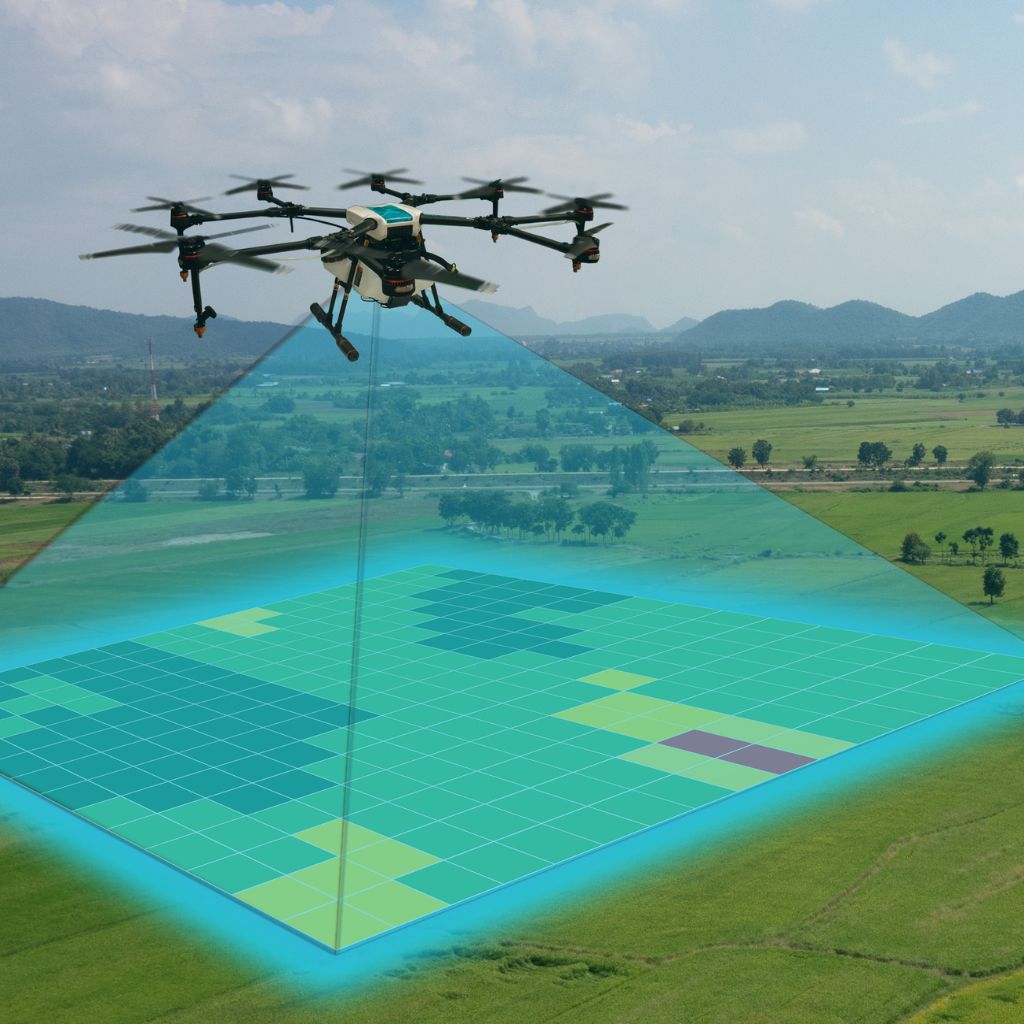 Quadcopter drone hovering over city layout overlay