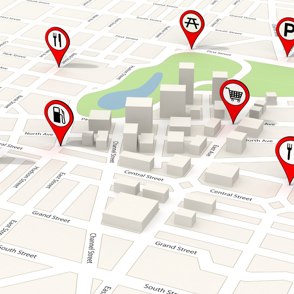 Map with red and blue pin drops overlay